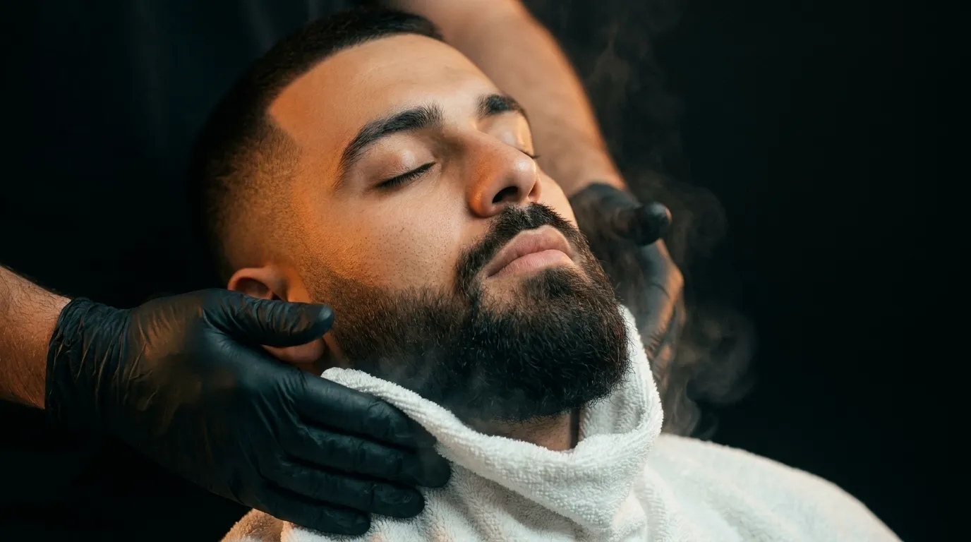 A client receiving a hot-towel treatment at Kings Barbers